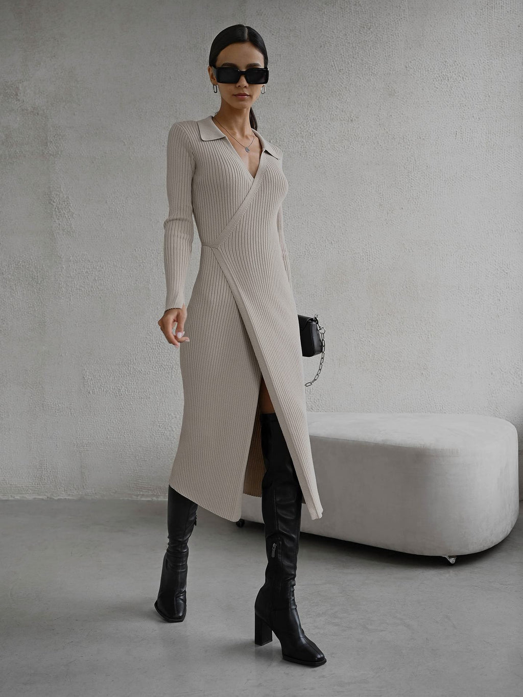 Split Strap Thread Knitted Dress Midi Autumn Winter Polo Collar Long Sleev