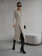 Split Strap Thread Knitted Dress Midi Autumn Winter Polo Collar Long Sleev