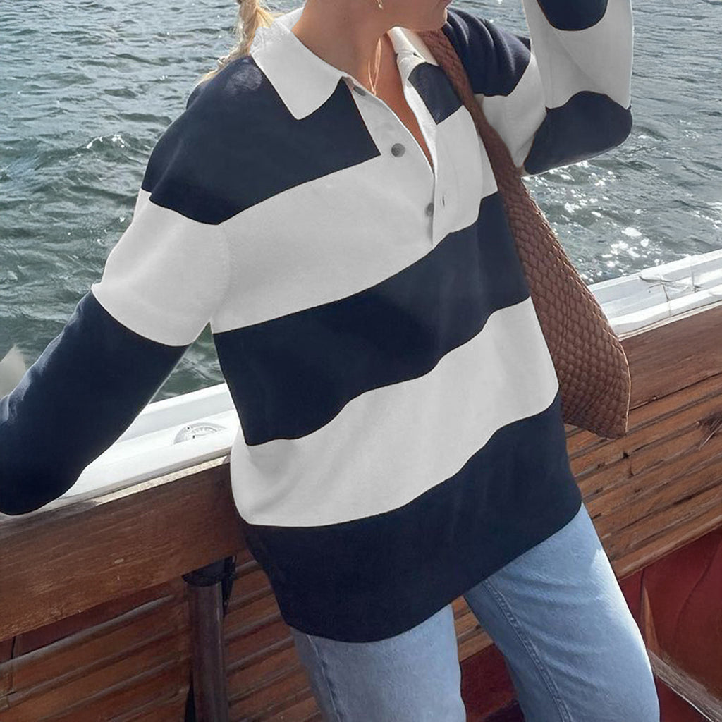 Women's Women’s Striped Polo Collar Button Top