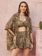 Green Paisley Printing Vacation Skirt Three-Piece Set