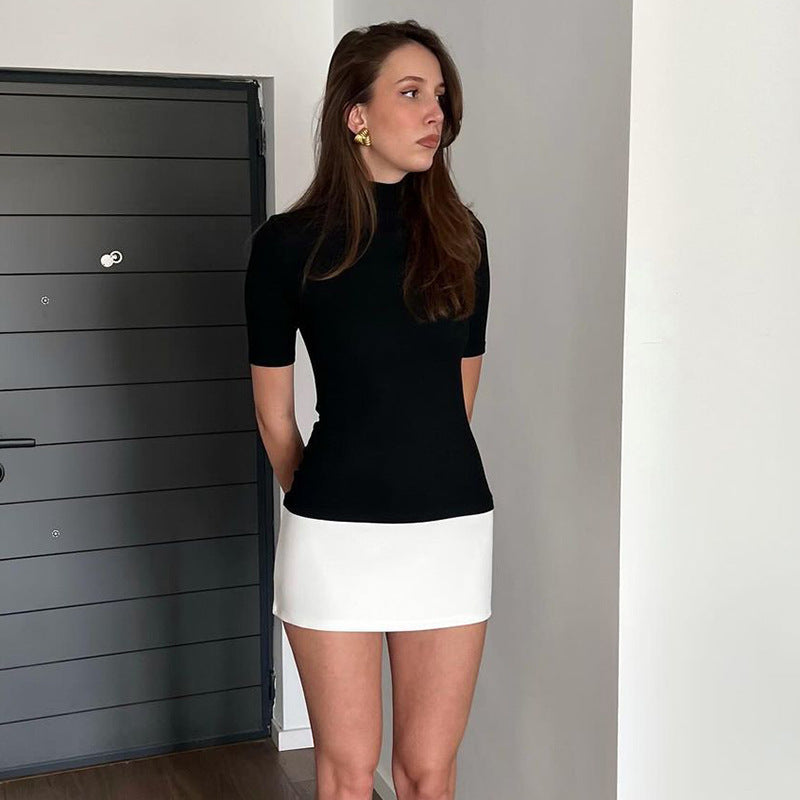 Spring Stitching Contrast Color Half Turtleneck Half Sleeve Skinny Sheath