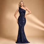 Women's Sequin Oblique Shoulder Applique Evening Cocktail Dress