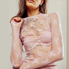 Women's Lace Mesh Crew Neck Long Sleeve Top
