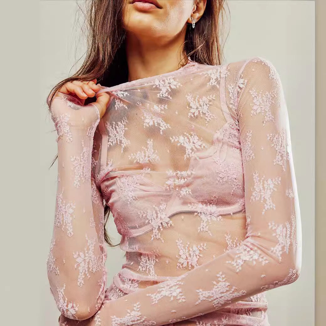 Women's Lace Mesh Crew Neck Long Sleeve Top