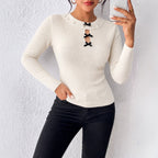Women's Beaded Lace-Edge Long-Sleeve Knit Top