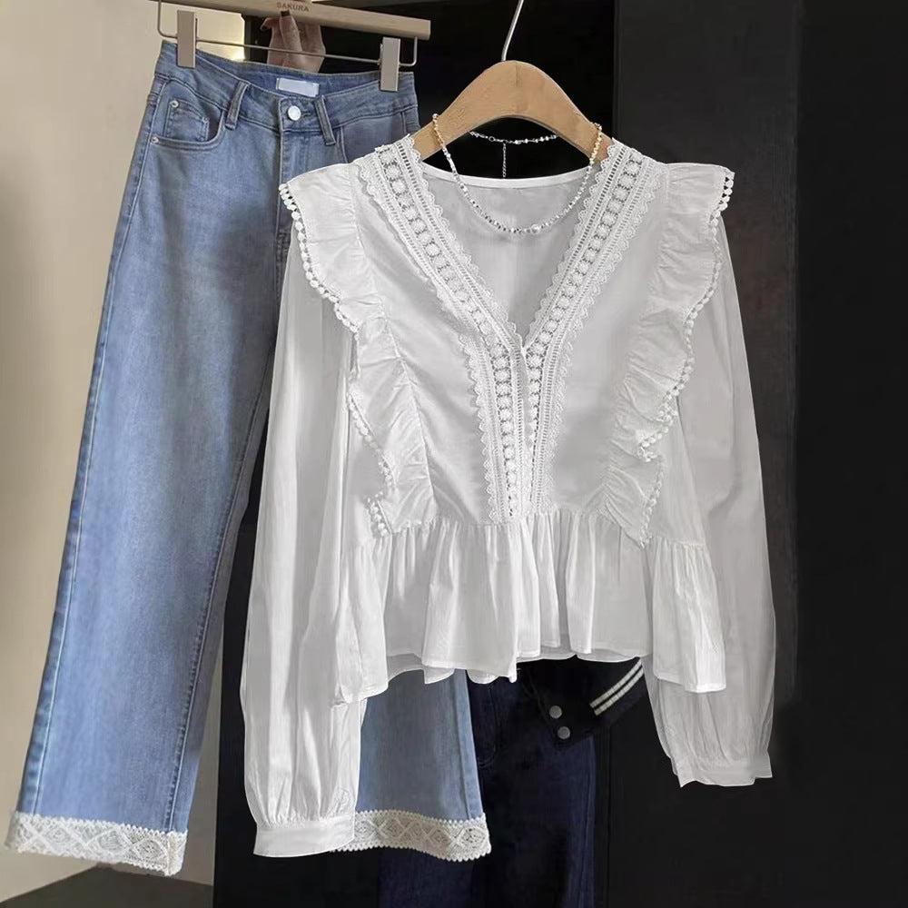 Women's Spring Summer Ladies Casual Elegant Puff Sleeve Ruffled Shirt Top
