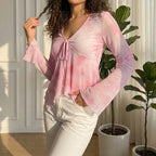 Summer Women Clothes Sexy Floral Mesh V neck Tied Long