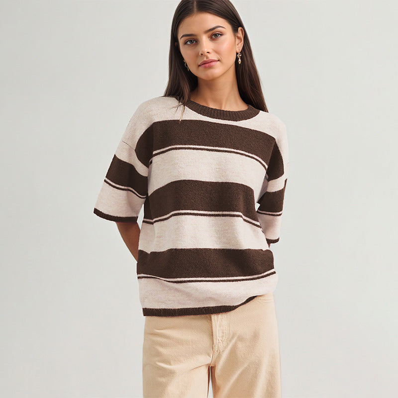 Autumn Winter Women Clothing round Neck Striped Knitted