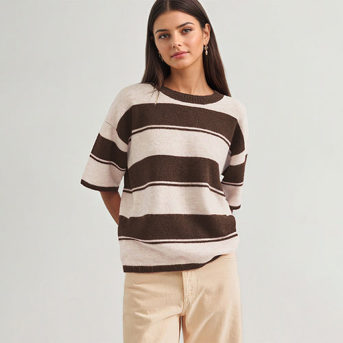 Women’s striped knit sweater with round neck, short sleeves in brown and cream.