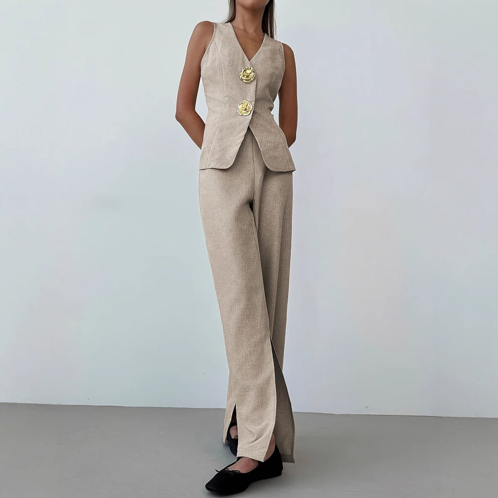 Women Elegant Spring Summer Thin Breathable V neck Sleeveless Vest Work Pant Slit Wide Leg Pants Two Piece Sets