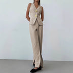 Women Elegant Spring Summer Thin Breathable V neck Sleeveless Vest Work Pant Slit Wide Leg Pants Two Piece Sets