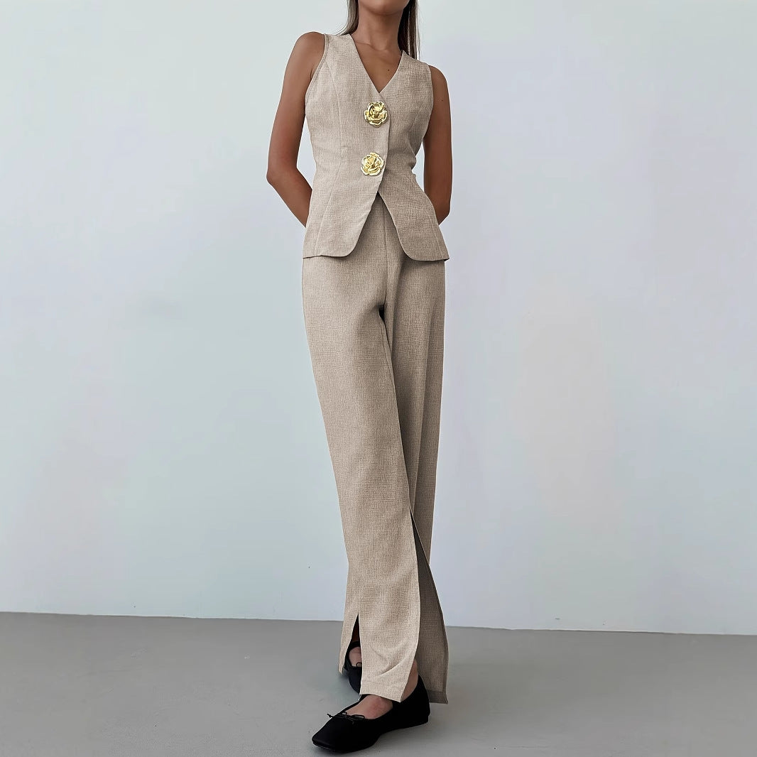 Women Elegant Spring Summer Thin Breathable V neck Sleeveless Vest Work Pant Slit Wide Leg Pants Two Piece Sets