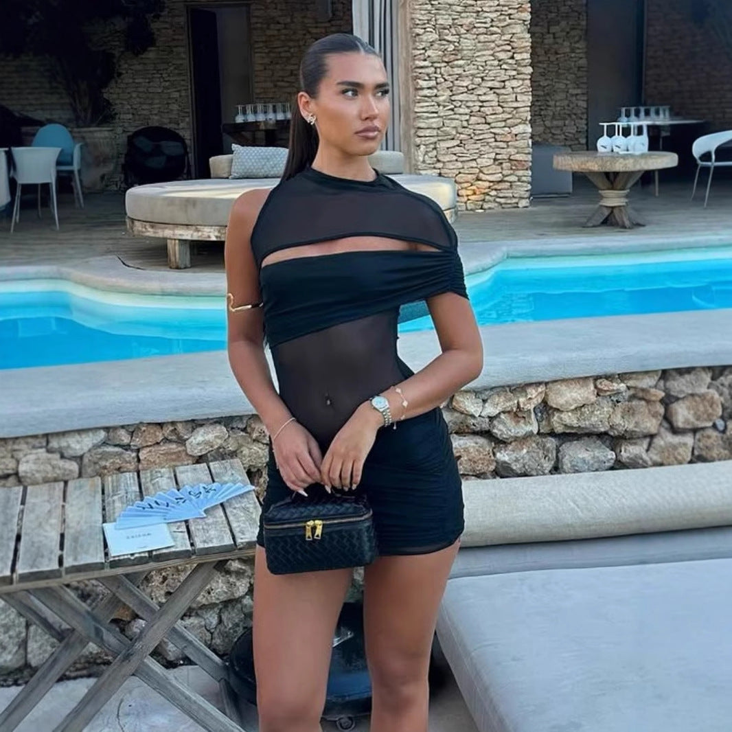 Women's Women Stitching Sexy See Through Shoulder Sleeveless Pleated Hip Dress