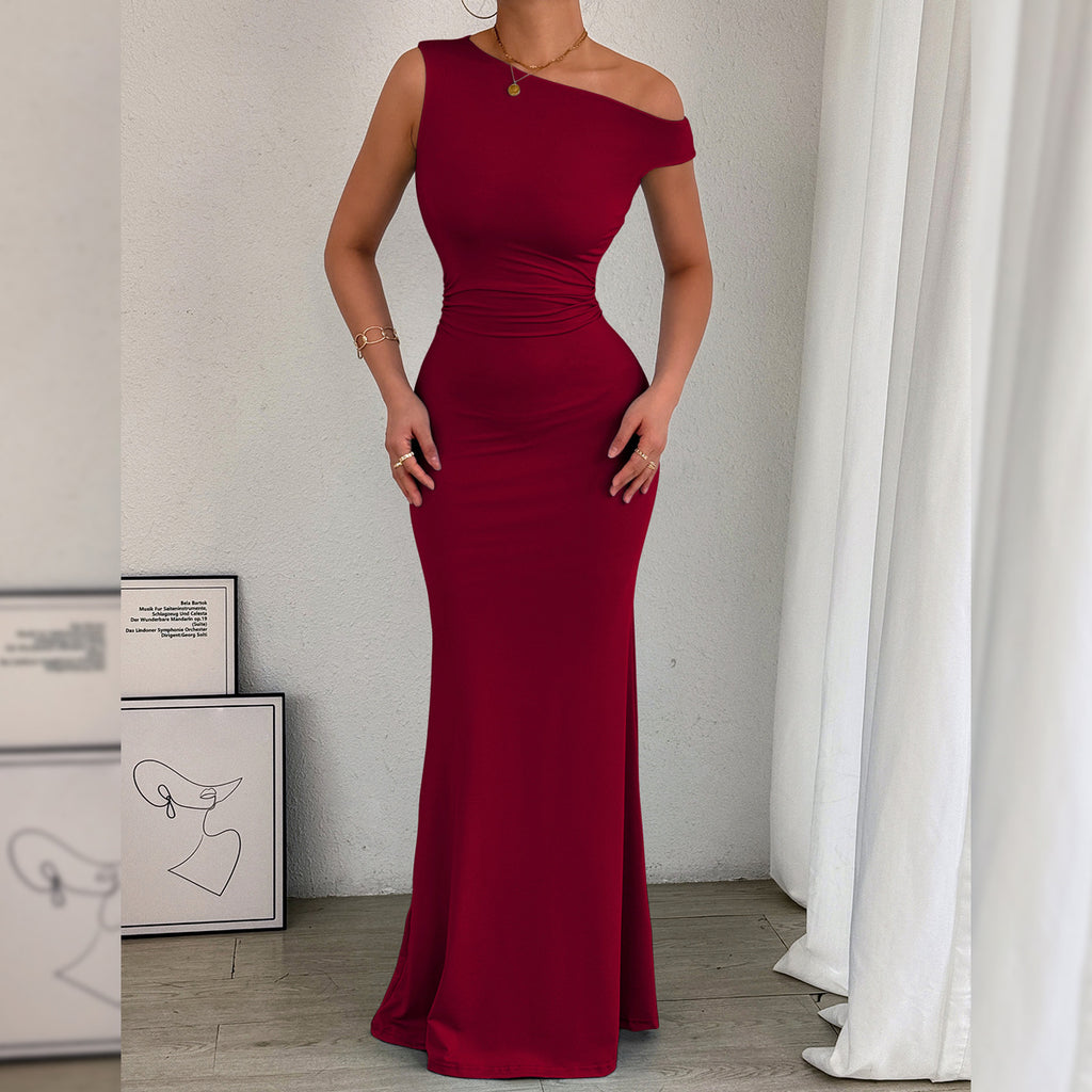 Fishtail Dress Slant Shoulder Collar Waist Pleated Sleeveless