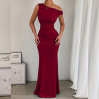 Fishtail Dress Slant Shoulder Collar Waist Pleated Sleeveless