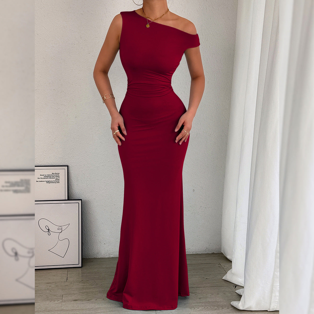 Fishtail Dress Slant Shoulder Collar Waist Pleated Sleeveless