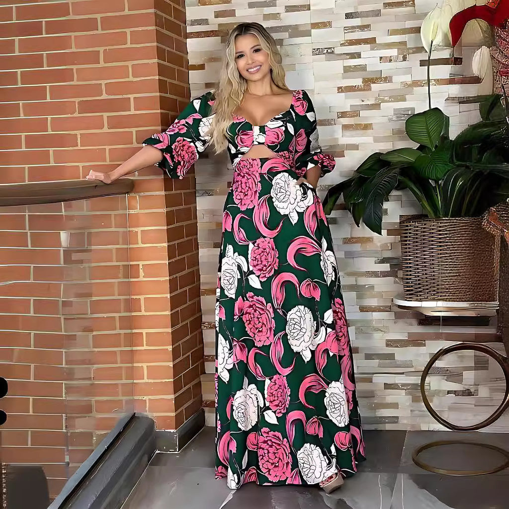 Bow Cutout Puff-Sleeve Maxi Dress