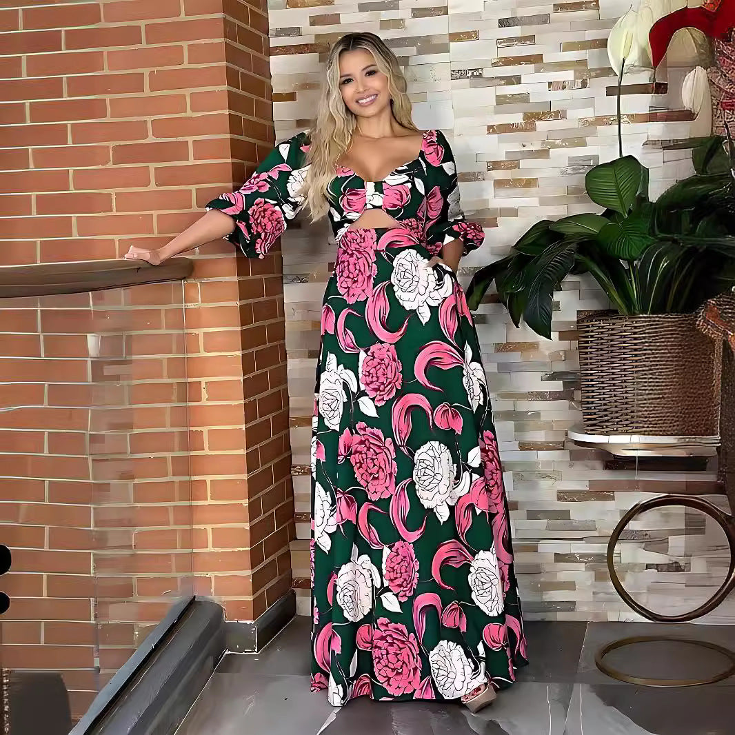 Bow Cutout Puff-Sleeve Maxi Dress