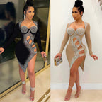 Women's Rhinestone Mesh Long-Sleeve Mini Dress
