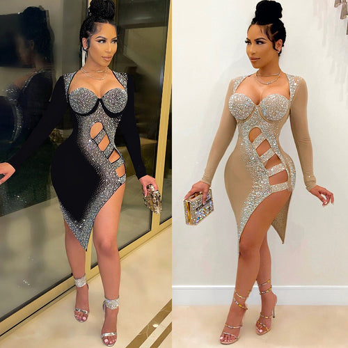 Women's Rhinestone Mesh Long-Sleeve Mini Dress