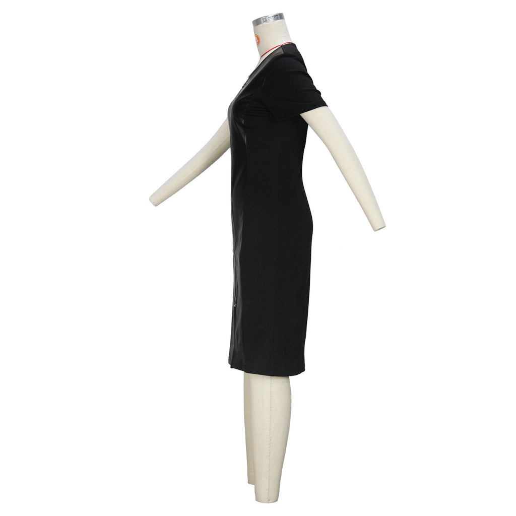 Faux-Leather Crew-Neck Front-Zip Short-Sleeve Bodycon Dress