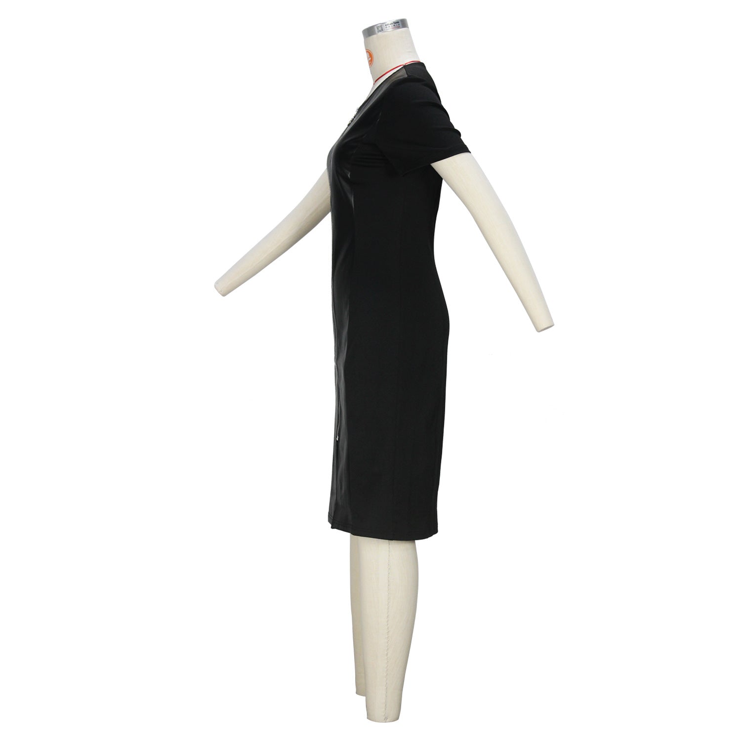 Faux-Leather Crew-Neck Front-Zip Short-Sleeve Bodycon Dress