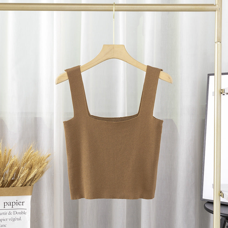 Women's Square Collar Knitted Small Tank Top Vest Women Inner Bottoming Shirt Outer Wear Beauty Back Sleeveless Short Tube Top