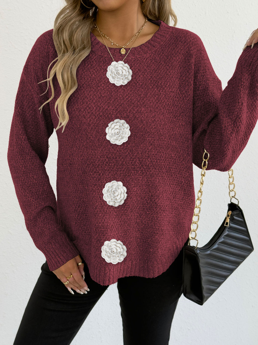 Wine Red 4 Hand Crocheting White Flowers