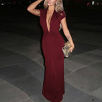 Solid Color Deep V Plunge neck Short Sleeve Ribbon Slim Sheath Dress