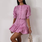 Skirt Outfit Puff Sleeve Short Top Stitching