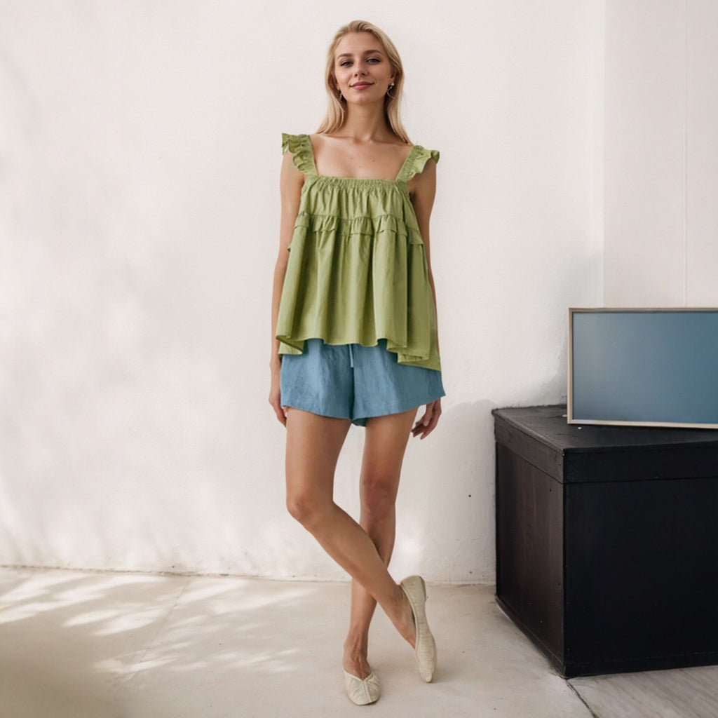 Ruffled Flounced Sleeve Camisole Pleated Design Loose All