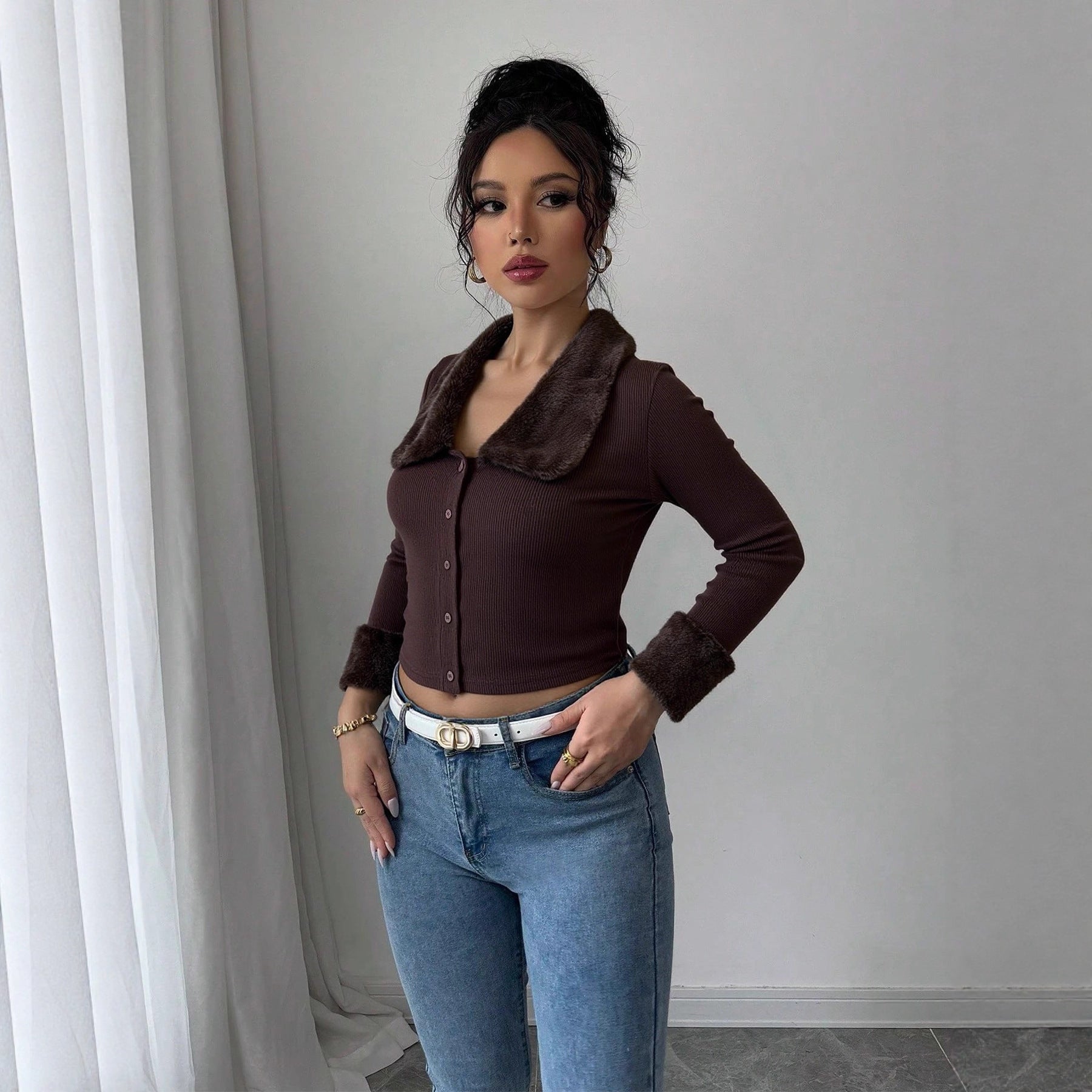 Women's Faux Fur Collar Button Front Top