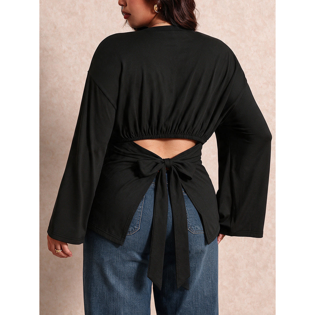 Plus Size Black Shirt Neck Back Bandage Hollow Out Cutout Slim Fit