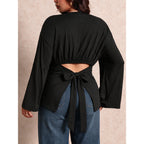 Plus Size Black Shirt Neck Back Bandage Hollow Out Cutout Slim Fit