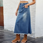 Spring Summer Washed Frayed Hem Denim Midi Skirt