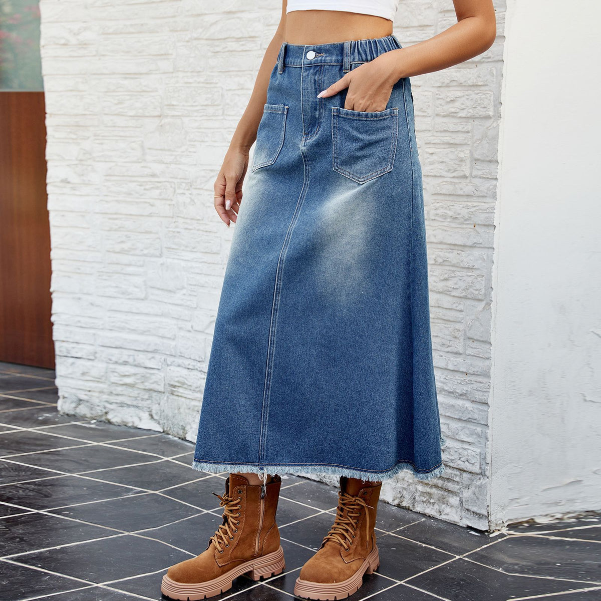 Spring Summer Washed Frayed Hem Denim Midi Skirt