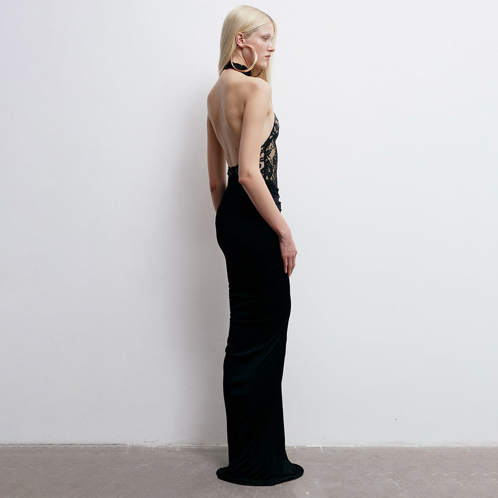 Sheer Cutout Lace Breathable Backless Sleeveless Black Slim Fit Dress Stretch Sexy Women Clothing