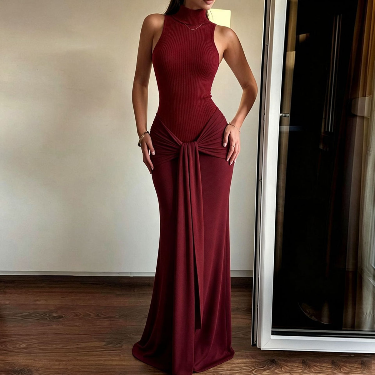 Women's Evening High-Collar Knitted Maxi Dress