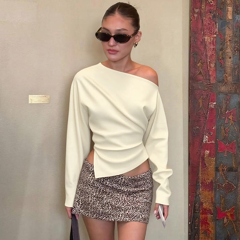 Women's Women Clothing Summer Simple Shoulder Stretch Slim Fit Slit Long Sleeve T Shirt Top