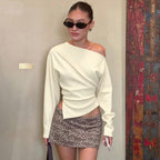 Women's Women Clothing Summer Simple Shoulder Stretch Slim Fit Slit Long Sleeve T Shirt Top