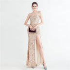 Women's Strapless Sequin Boned Split Evening Dress