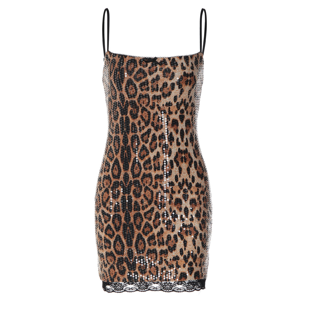 Leopard print sequin mini sheath dress with spaghetti straps and lace-trim hem