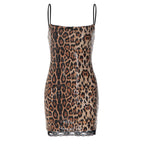 Leopard print sequin mini sheath dress with spaghetti straps and lace-trim hem