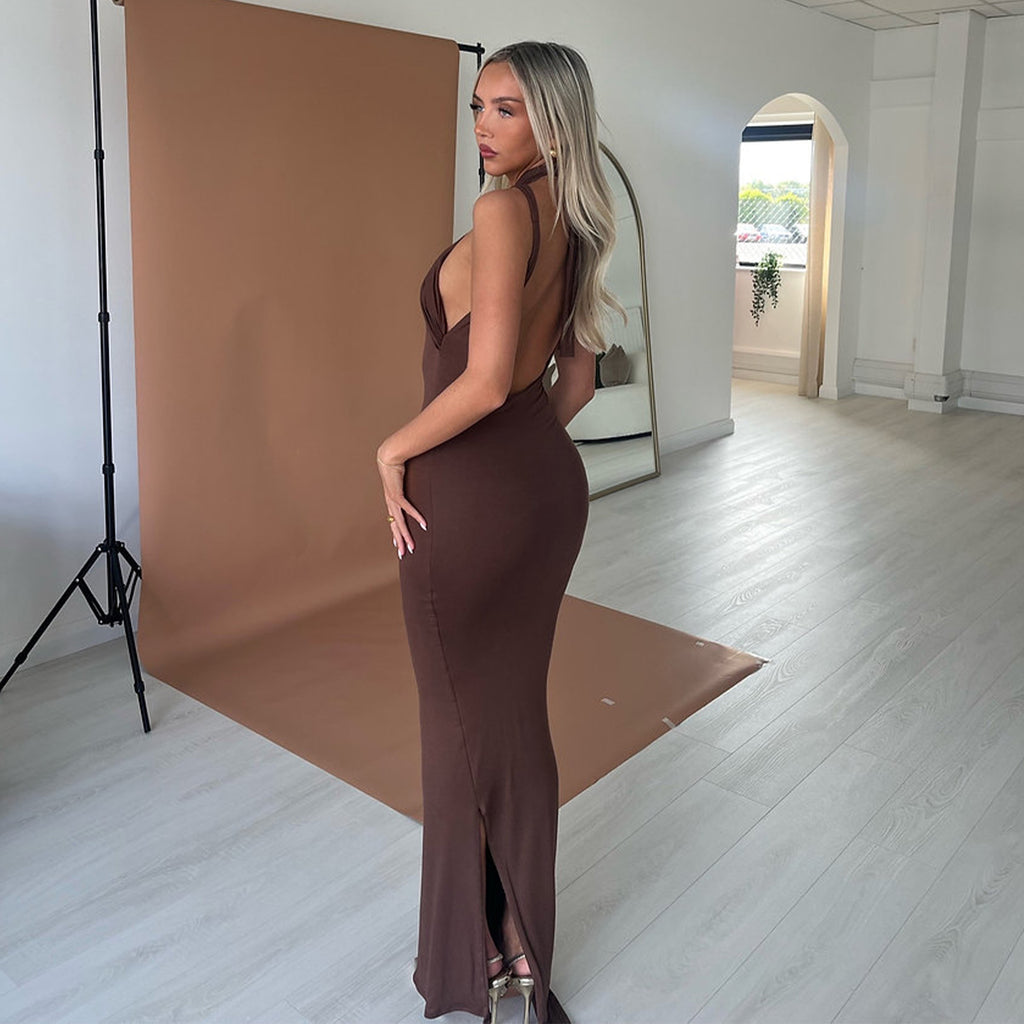 Women's Halter Backless Ruched Split Maxi Dress