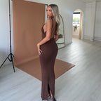 Women's Halter Backless Ruched Split Maxi Dress