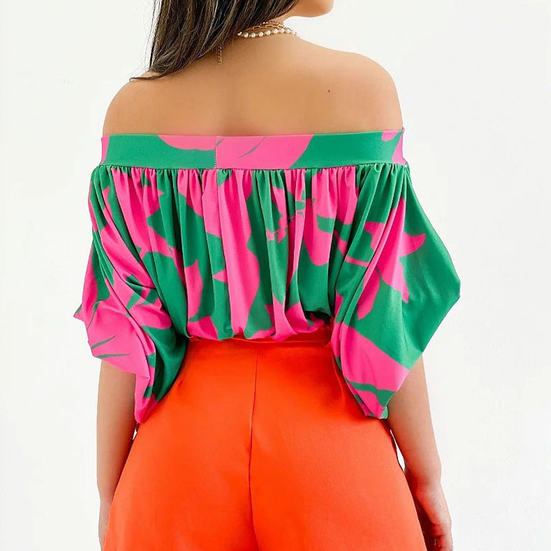 Women's Summer Women Off Shoulder Off Neck Loose Top Batwing Sleeve Short Sleeve Top
