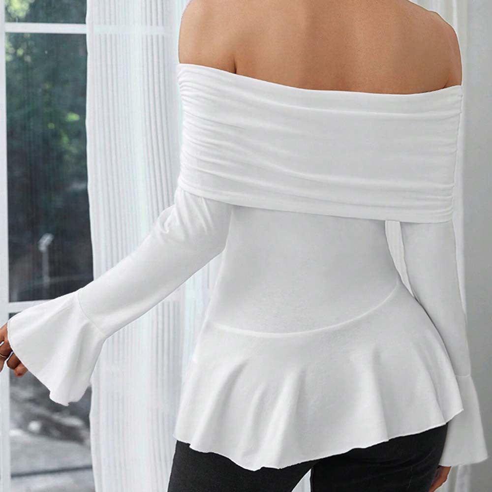 Women’s White Ruffle Off Shoulder Boat Neck Top
