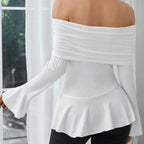 Women’s White Ruffle Off Shoulder Boat Neck Top