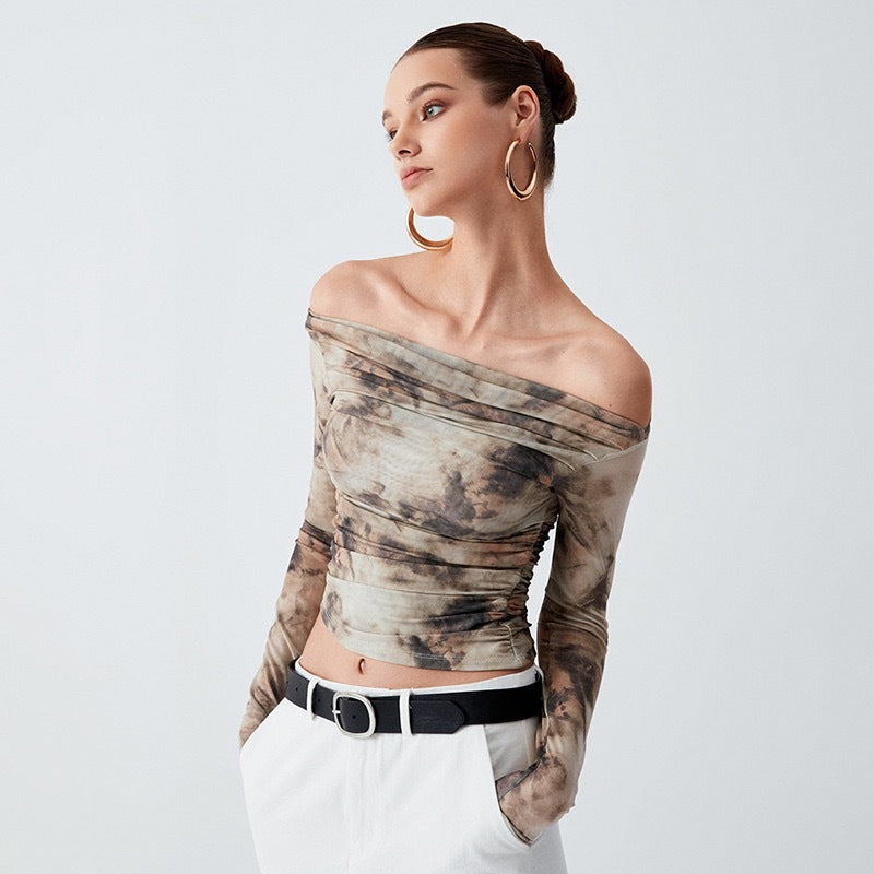 Women's Retro 3D Printed Sexy Off Shoulder Pleated Top Bare Cropped Slim Fit T Shirt Women Spring