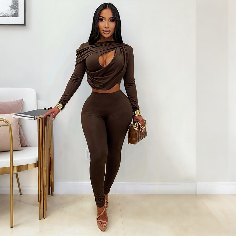 Hollow-Out Top and Trousers Two-Piece Set